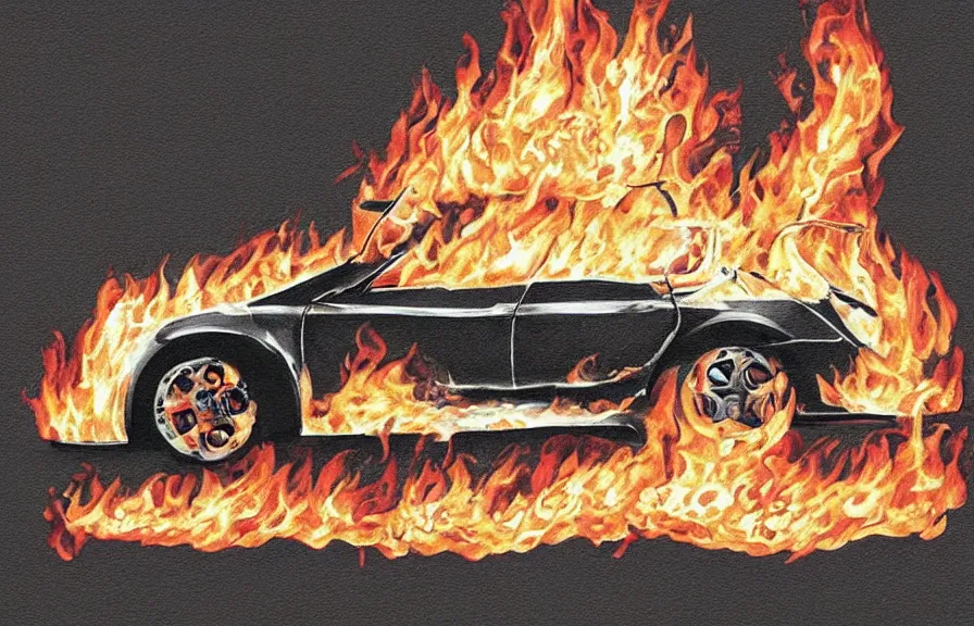 Prompt: car on fire, tattoo design