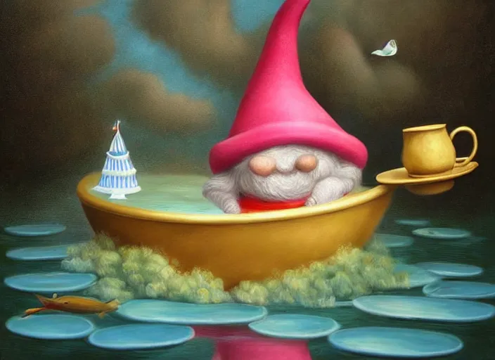 Image similar to a garden gnome sailing in a teacup, whimsical background of a reflective pond on a sunny day with dramatic clouds, an ultrafine detailed painting by mark ryden, trending on deviantart, pop surrealism, whimsical, lowbrow, joyous