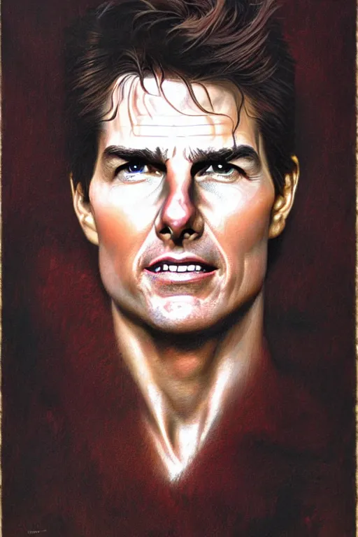 Image similar to portrait of tom cruise in the style of wayne barlowe, gustav moreau, goward, bussiere, roberto ferri, santiago caruso, luis ricardo falero, austin osman spare