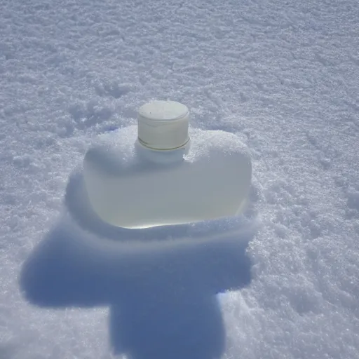 Image similar to perfume bottle artistically buried in the snow, sunny day, white clouds blue skies