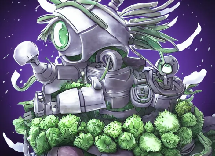 Image similar to robot made of vegetables, in made in abyss style