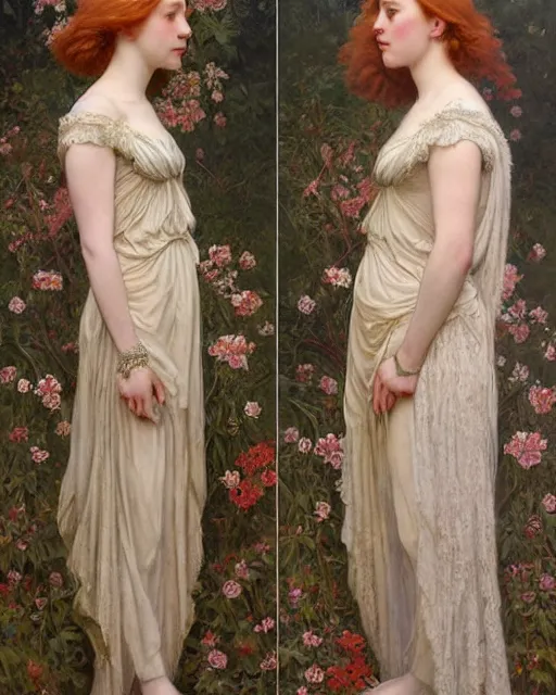 Prompt: intricate art nouveau oil painting of redheaded young saoirse ronan or redheaded millie bobby brown wearing an intricate lace dress, highly detailed, intricate, elegant, digital painting, smooth, sharp focus, illustration, ultra realistic, 8 k, by bouguereau, alphonse mucha, artgerm, and donato giancola