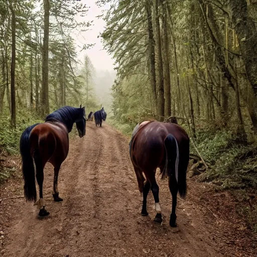 Prompt: two dead horses blocking the path in the woods. each horse has several black - feathered arrows sticking out of it. photo, 4 k