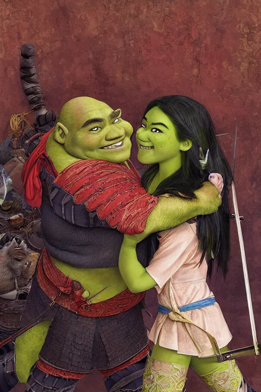 Image similar to shrek as a samurai, looking at the viewer, in the style of Lilia Alvarado, Sophie Anderson, Mark Arian, Bob Byerley, Charlie Bowater, Mark Brooks, Steve Henderson, Justin Gerard, Arthur Hughes, Edward Robert Hughes, Mark Keathley, Victor Nizovtsev, Carlos Shwabe, Ross Tran, WLOP