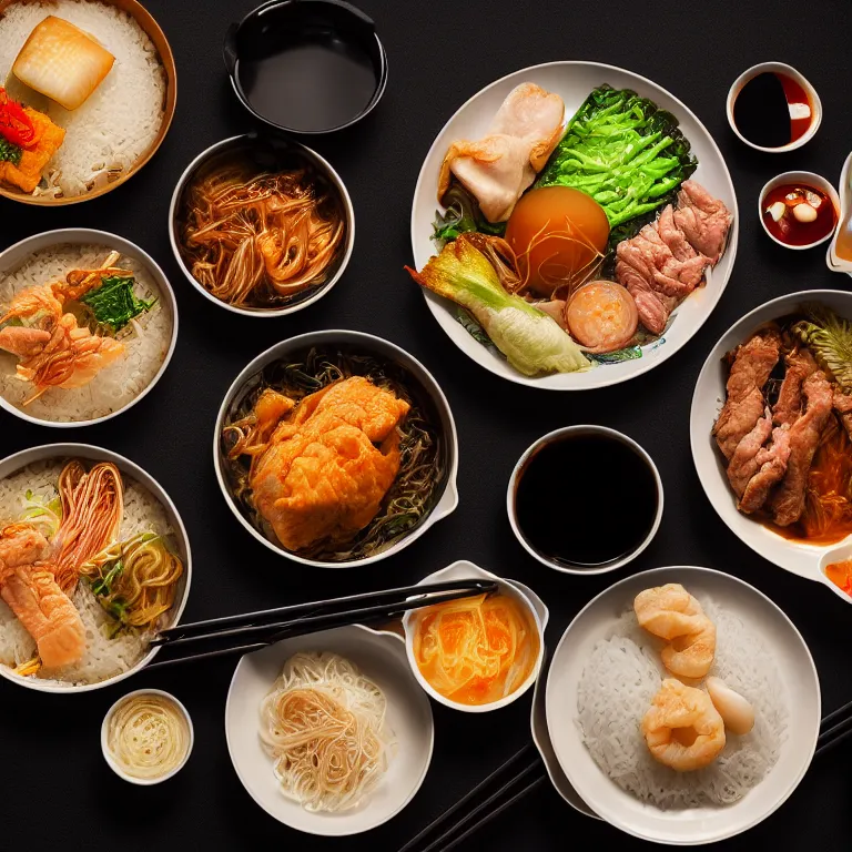 Prompt: close - up focused dslr photograph of an south korean dinner, 8 k, high detail, volumetric lighting, hyperrealism, aesthetically pleasing, studio lighting, trending