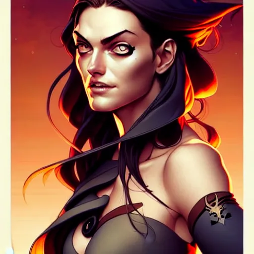 Image similar to artgerm, joshua middleton comic cover art, pretty pirate phoebe tonkin smiling, symmetrical eyes, symmetrical face, long curly black hair, on a pirate ship background, warm colors