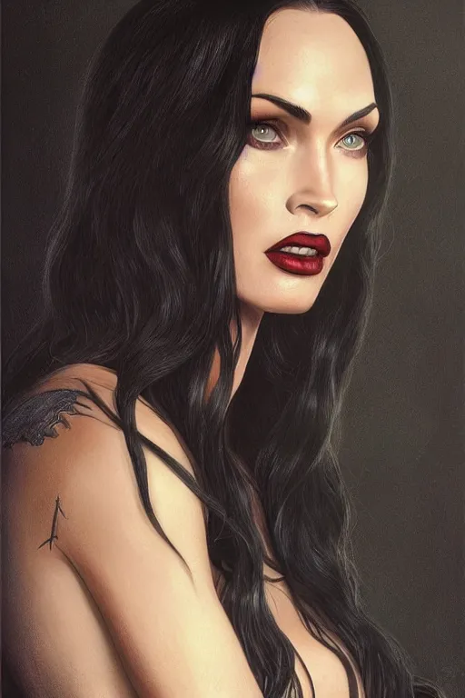 Prompt: ultra realistic illustration, megan fox as morticia addams from baldurs gate and diablo, intricate, elegant, highly detailed, digital painting, artstation, concept art, smooth, sharp focus, illustration, art by artgerm and greg rutkowski and alphonse mucha