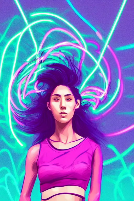 Image similar to a award winning half body portrait of a beautiful woman in a croptop and cargo pants with ombre purple pink teal hairstyle and hands in pockets by ari liloan, surrounded by whirling illuminated lines, outrun, vaporware, shaded flat illustration, digital art, trending on artstation, highly detailed, fine detail, intricate