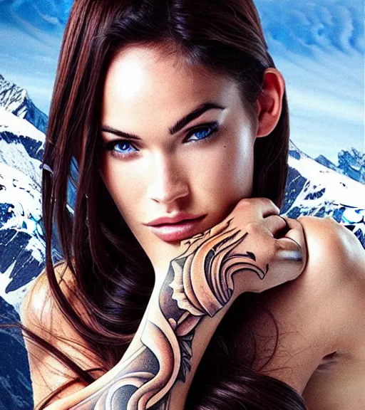 Image similar to double exposure effect tattoo design sketch of megan fox with beautiful mountain scenery, realism tattoo, in the style of matteo pasqualin, amazing detail, sharp