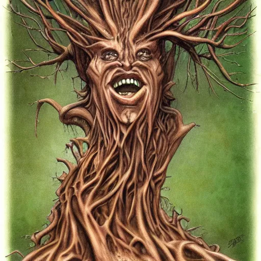 Image similar to a dramatic twisted screaming tree with the face of a human, haunting art, brian froud style, 8 k, trending on artstation