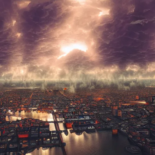 Prompt: apocalyptic amsterdam with psychedelic clouds in the year 2 1 4 5. 4 k ambient