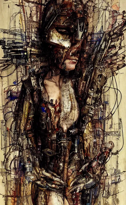 Image similar to woman wearing gown made of mech mask rendered in unreal engine, cyberpunk, rave, scifi, painted by albrecht durer | bernard buffet | carne griffiths | wlop