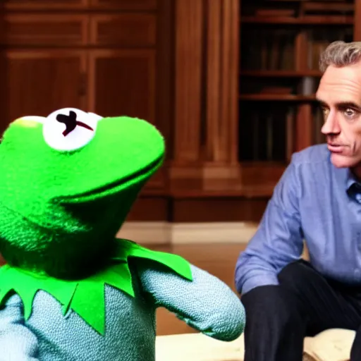 Prompt: Jordan Peterson discussing philosophy with Kermit the Frog in the royal drawing room in the palace of the intellectual dark-web, wide angle shot