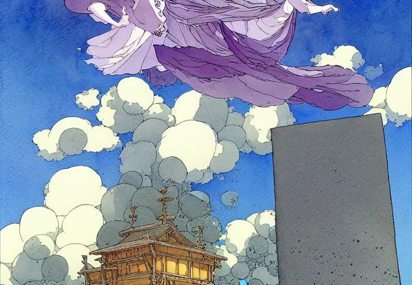 Image similar to a simple watercolor fantasy concept art of a giant grey cube floating in the air. by studio ghibli, rebecca guay, michael kaluta, charles vess