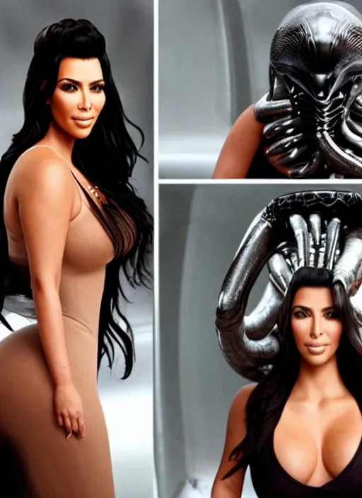 Prompt: photo still full pov of a kim kardashian with a alien facehugger over her face, cinematic full shot.