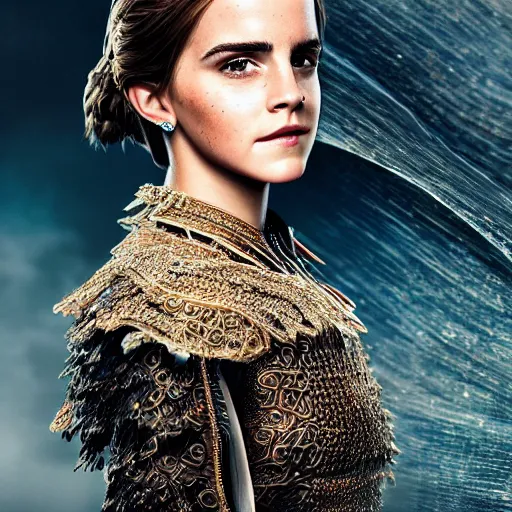 Image similar to a regal emma watson wearing an intricate and detailed armor made of ocean waves. layers. textures. delicate. elaborate. translucent. soft. ethereal. fragile. vulnerable. studio portrait. photorealistic. octane render