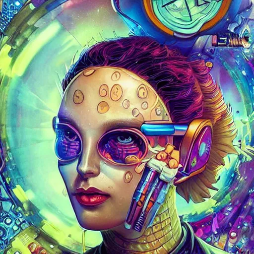 Image similar to acid trip of a lofi biopunk steampunk portrait in space but also underwater, Pixar style, by Tristan Eaton Stanley Artgerm and Tom Bagshaw.