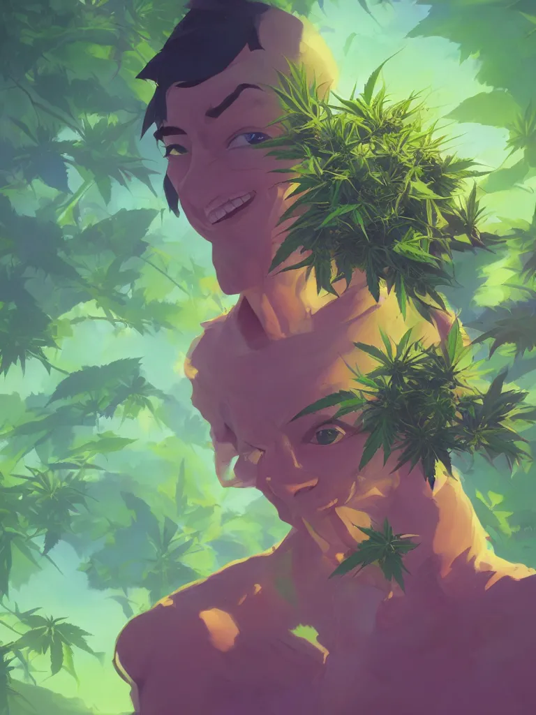 Image similar to kid with green purple flowers of marijuana hemp cannabis, behance hd by jesper ejsing, by rhads, makoto shinkai and lois van baarle, ilya kuvshinov, rossdraws global illumination, golden ratio, symmetrical beauty face