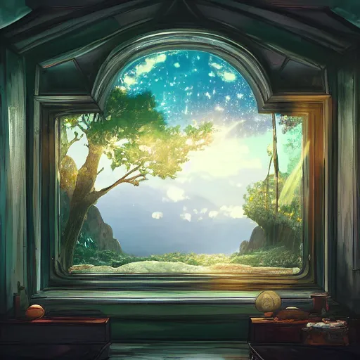 Prompt: a heavenly dream view from the interior of my symmetrical world of macroscopic plants from a Makoto Shinkai oil on canvas inspired pixiv dreamy scenery art majestic fantasy scenery cozy window frame fantasy pixiv scenery art inspired by magical fantasy exterior