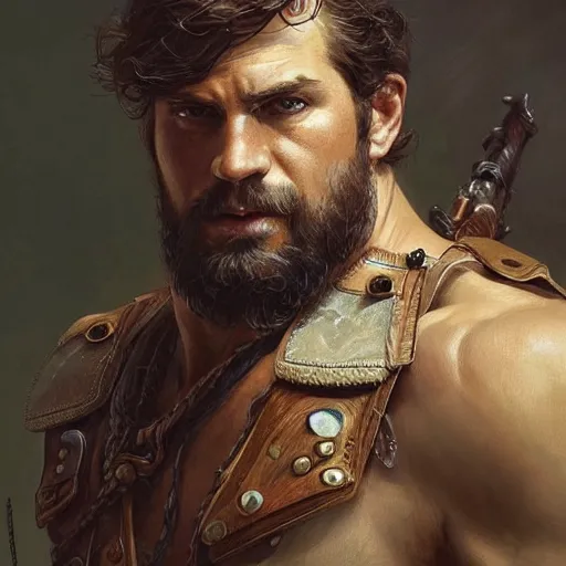 Image similar to portrait of a rugged ranger, muscular, upper body, D&D, fantasy, intricate, elegant, highly detailed, digital painting, artstation, concept art, smooth, sharp focus, illustration, art by artgerm and greg rutkowski and alphonse mucha