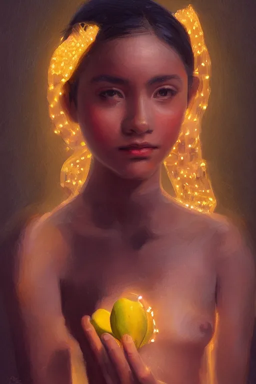 Image similar to portrait of mexican girl with a banana fruit skirt, staring directly into camera, intricate, elegant, glowing lights, highly detailed, digital painting, artstation, sharp focus, illustration, art by wlop, mars ravelo and greg rutkowski