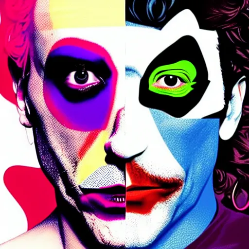 Image similar to richard hamilton and mimmo rottela as lady gaga harley queen and joaquin phoenix joker couple, pop art, 2 color, left align, object details, dynamic composition, 4 k, ultra realistic art, smooth, sharp focus, illustration, concept art, intricate details, h 7 6 8