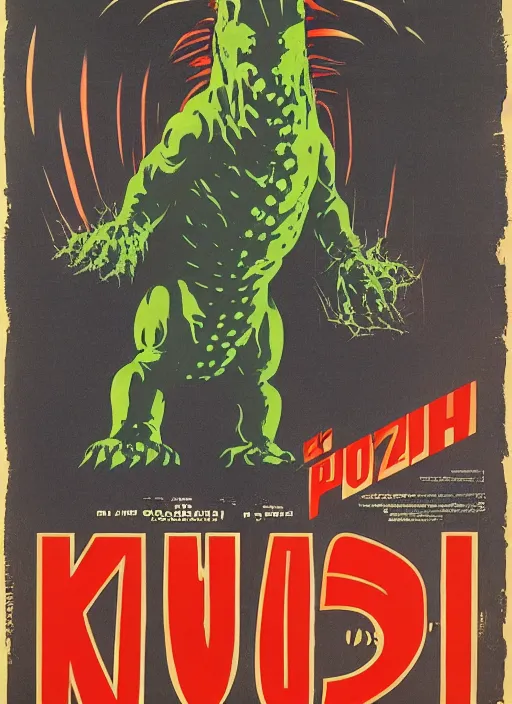 Prompt: Polish posters for kaiju film. Screen printed, silkscreen, paper texture. 1968