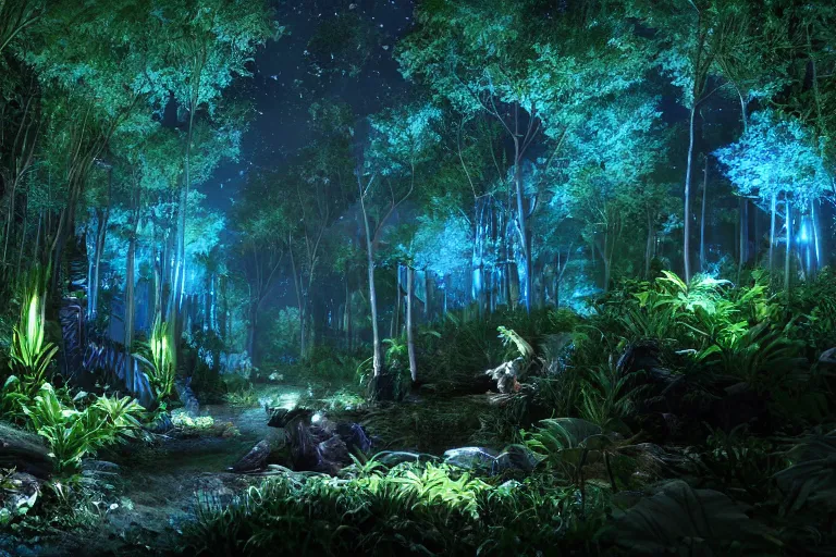 Image similar to scene still of avatar variety bioluminescent forest at night. 4 k cinematic cg weta weta weta color grading lut balance perfect lighting