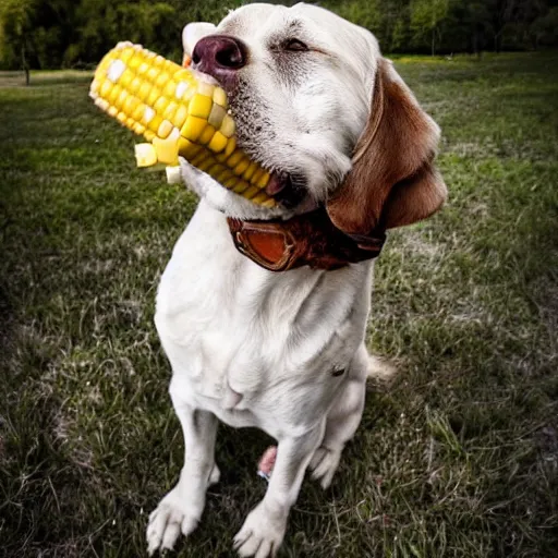 Prompt: a dog with a corn cob pipe in its mouth, award winning nature photography