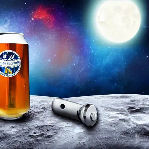 Image similar to a photo of a detailed, realistic, regular sized, sitting idle electric guitar next to an idle beer can next to an astronaut sitting on the moon surface. detailed photo. realistic photo