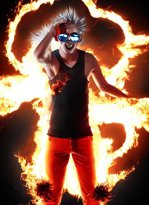 Image similar to photorealistic young man with red spiked long hair, using an orange lens googles. Wearing white shirt, a black waistcoat. He is throwing a wild fire blast from his hands, with a vicious smile in face. dynamic lightning.