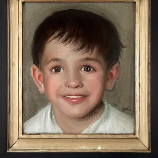 Image similar to Portrait of a young boy looking at the camera. The boy has brown and curled hair, his eyes are just two black dots. The boy is wearing a white pajamas with long sleeves. Dark bright effect. The background is dark and a beam of light illuminates the boy. A painting by Dean Cornwell.