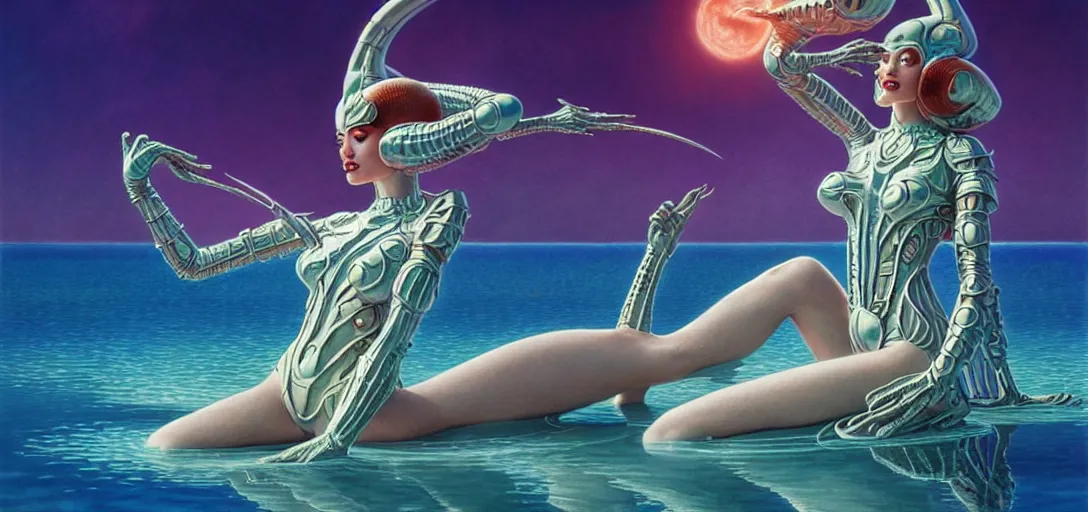 Prompt: beautiful alien women wearing ornate plastic armor bathing in a luminous lake in the style of roger dean and alberto vargas and stefan kostic, realistic, photoreal, sharp focus, 8 k high definition, insanely detailed, intricate, elegant, art by greg rutkowski and artgerm, extreme blur coral reef background