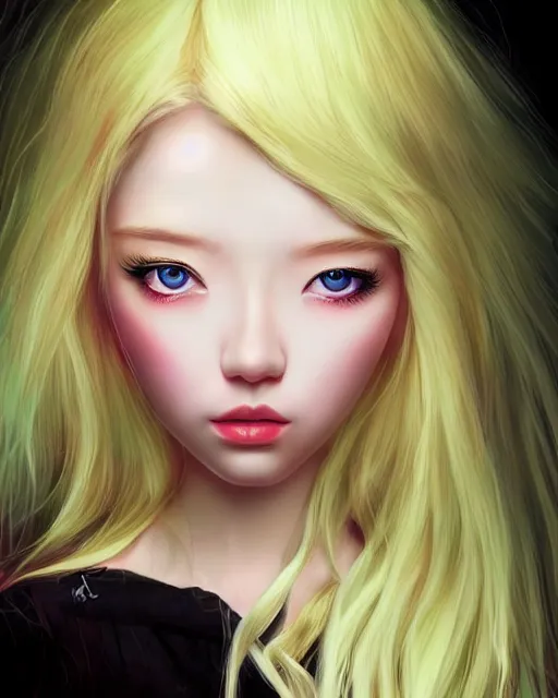 Prompt: lazy eye melting goo beautiful hyper realistic photograph of pretty blonde korean girl alice,, dramatic lighting alice in wonderland, dj sura face, artgerm, ilya kuvshinov