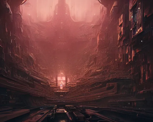 Prompt: the blight of the ascend armory, intricate abstract. intricate artwork, by tooth wu, wlop, beeple, dan mumford. concept art, octane render, trending on artstation, greg rutkowski very coherent symmetrical artwork. cinematic, key art, hyper realism, high detail, octane render, 8 k, iridescent accents