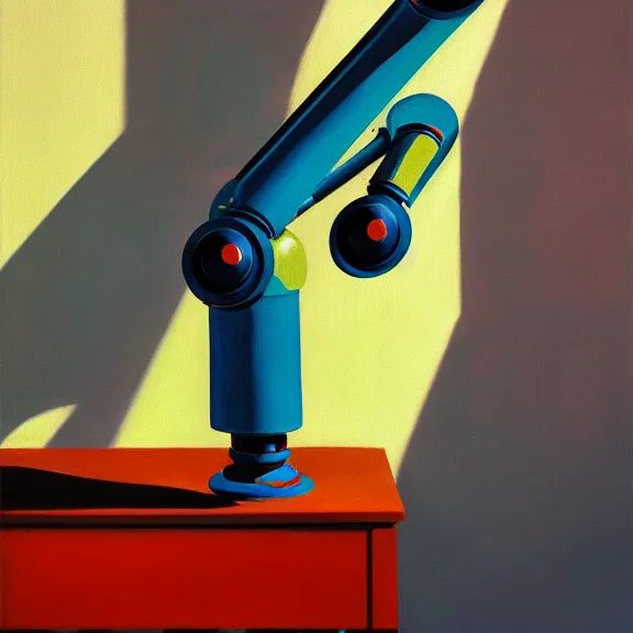 Image similar to beautiful illustration of a robotic arm painting an artwork on a canvas with a paintbrush by Edward Hopper, clean lines, very detailed, colorful octane render