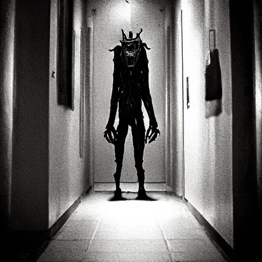 Image similar to a flash photo of creepy wendigo with an unnatural smile standing in a vantablack hallway from the horror movie rec, shaky camera, it is deformed and is staring at the camera from the end of a dark liminal hallway. caught on vhs, film grain, national geographic award winning photography,