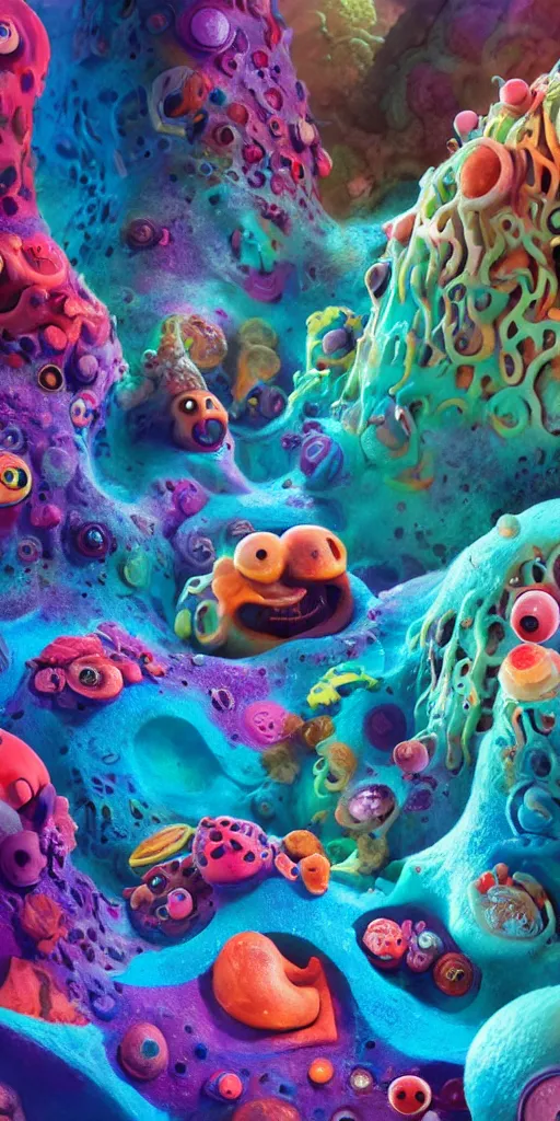 Image similar to of a colorful deep sea cave with strange cute friendly happy creatures with huge eyes, mouth, long tongue and round teeth appearing from sandy coral, in the style of gehry and gaudi, macro lens, shallow depth of field, ultra detailed, digital painting, trending artstation, concept art, illustration, cinematic lighting, photorealism, epic, octane render