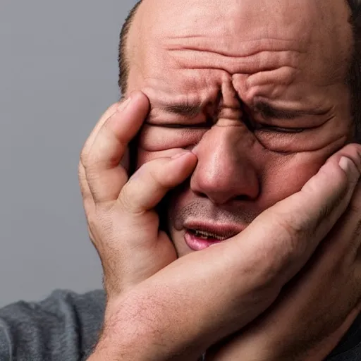 Image similar to a balding middle aged man crying