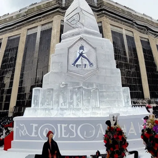 Prompt: photograph of the 2 0 foot high elaborate occult masonic illuminati ice sculpture from lady gaga's presidential funeral