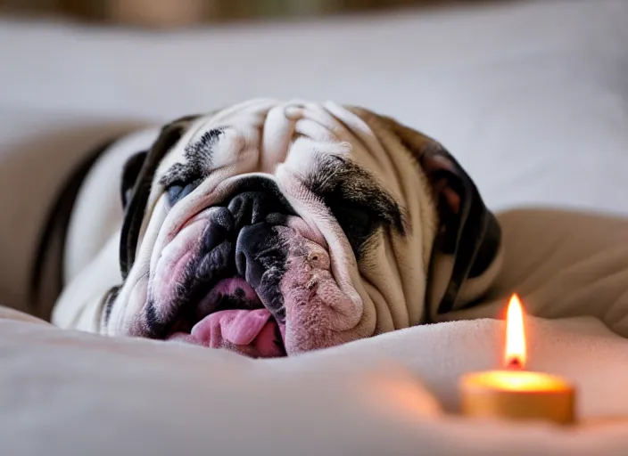 Image similar to a closeup, 4 5 mm, portrait of a sleeping english bulldog in a bed, on a pillow, candle light, 4 5 mm, by franz lanting