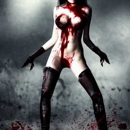 Prompt: a female vampire covered in blood with a perfect figure, perfect face and athletic body, dark fantasy, sharp focus, realistic.