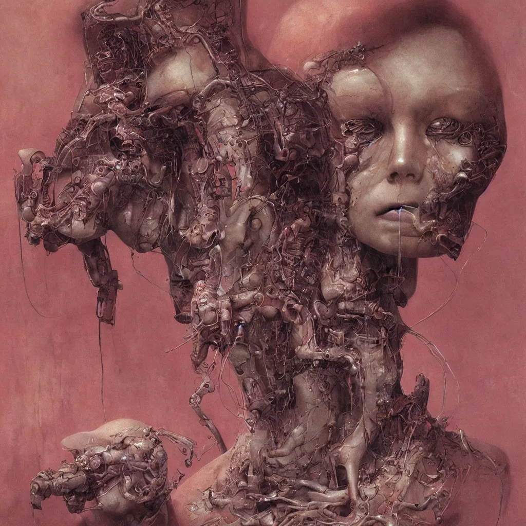 Image similar to portrait of girl melting with machine by wayne barlowe and zdislaw beksinski