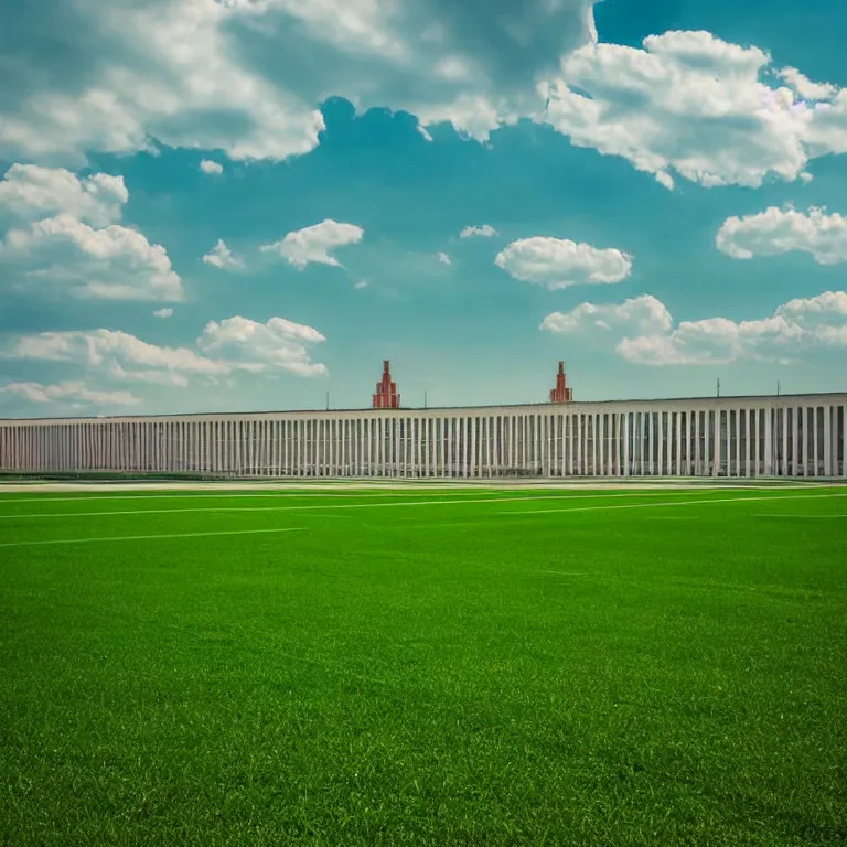 Image similar to Photo of one-point perspective to the center of the frame, ground level view of soviet town, infinitely long soviet panel buildings. A perfect green lawn in the center of the frame. High detail, details, 105mm, symmetric, symmetrical, synched, surreal, cloudless-crear-sky, cinematic