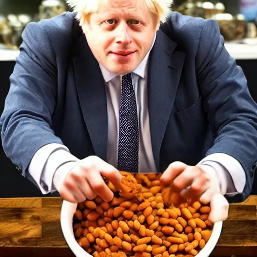 Image similar to boris johnson baked into a bowl of beans