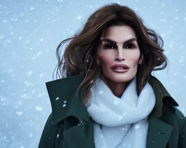 Image similar to portrait of cindy crawford in a trench coat on a windy evening, winter, snow, artstation, volumetric lighting, octane render, sylvain sarrailh