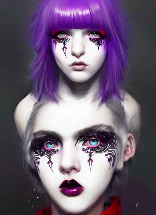 Image similar to portrait of white teenage girl, normal face, white bangs, mall goth, cyberlox, black and white hair, bangs, fluffy bangs, red contact lenses, purple lipstick, intricate, elegant, highly detailed, digital painting, artstation, concept art, sharp focus, smooth, illustration, art by wlop, mars ravelo and greg rutkowski