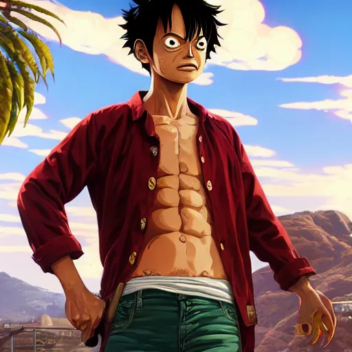 Image similar to highly detailed portrait luffy in gta v, stephen bliss, unreal engine, fantasy art by greg rutkowski, loish, rhads, ferdinand knab, makoto shinkai and lois van baarle, ilya kuvshinov, rossdraws, tom bagshaw, global illumination, radiant light, detailed and intricate environment