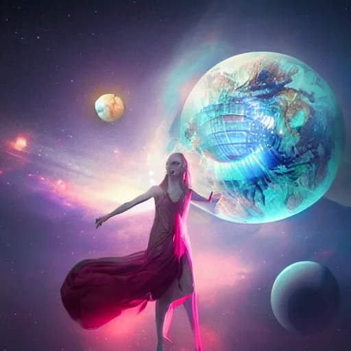 Prompt: a goddess, sci - fi aesthetics, on fire, photoshop, colossal, creative and cool, giant, digital art, photo manipulation, planets, earth, outer space, smoke, destruction