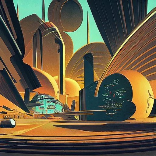 Image similar to martian city, otherwordly, by syd mead
